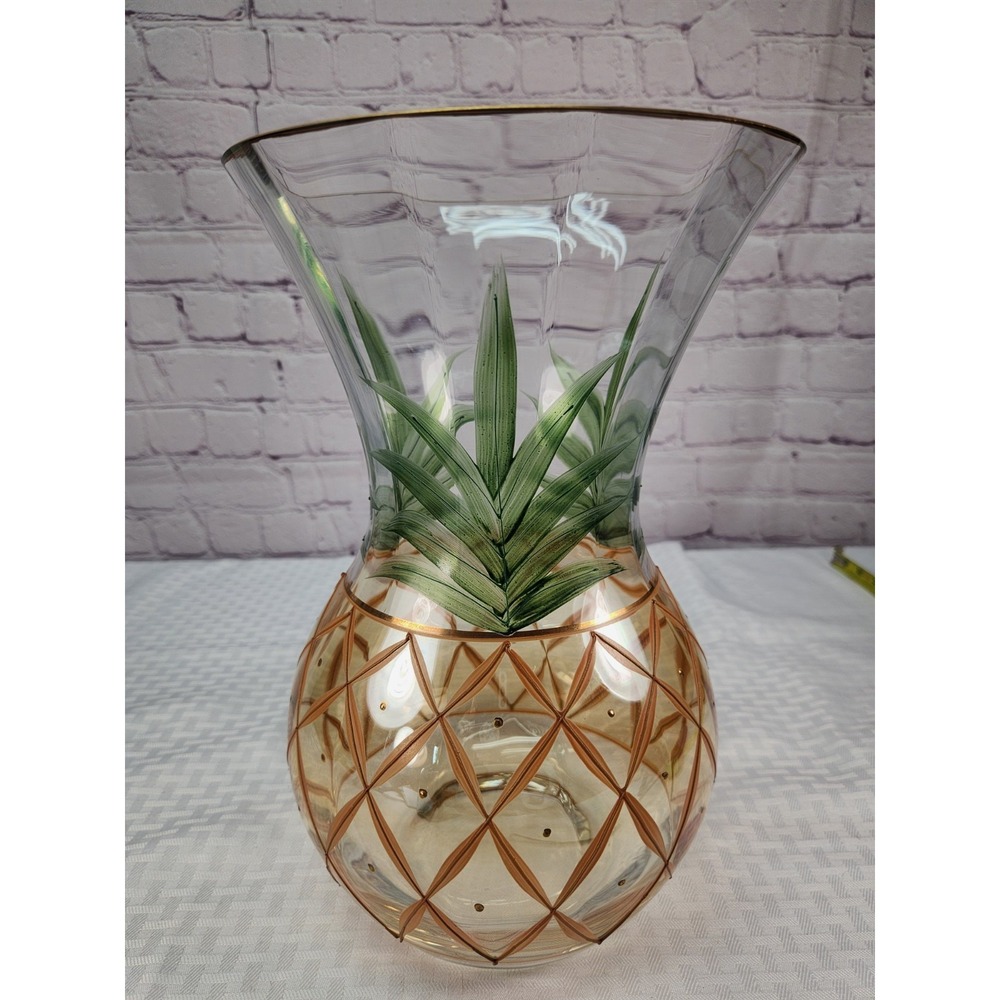 Vintage Large Romanian Handcrafted Hand Painted Crystal Pineapple Vase Decor 12"